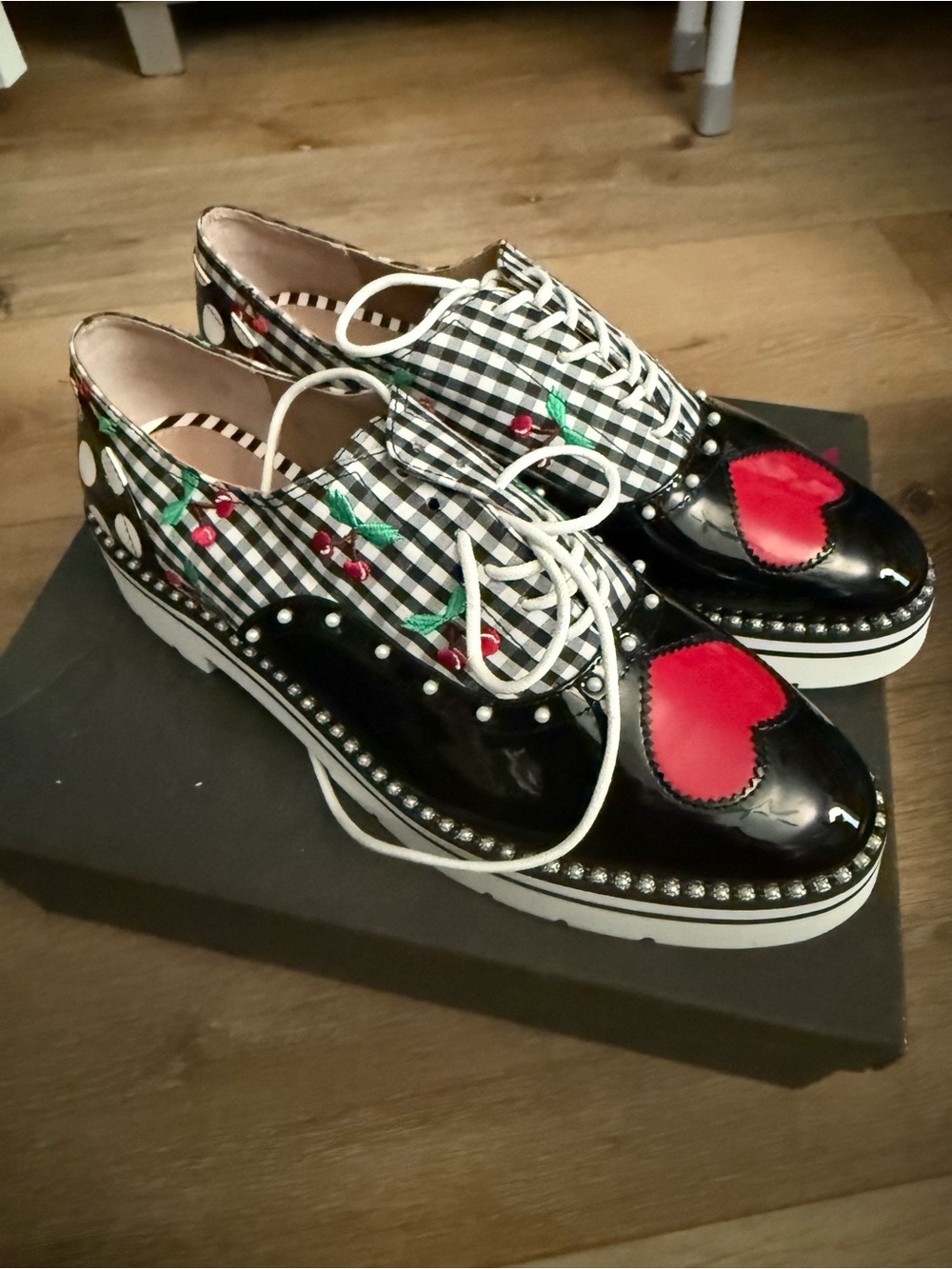 Betsey Johnson Abbott Gingham Lace-Up Oxfords with Red Heart and cherries